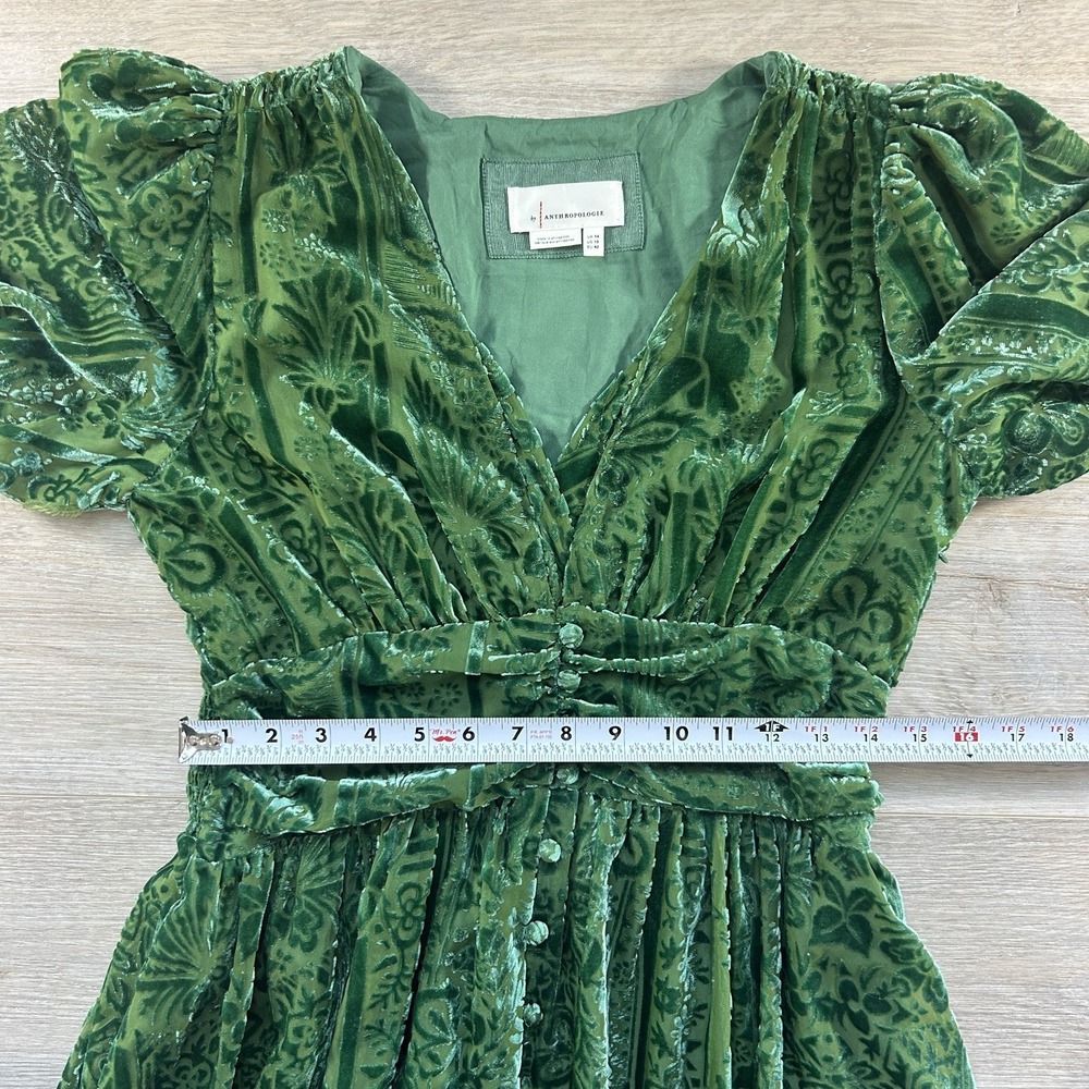 Anthropologie Size 10 Green Puff-Sleeved Burnout Velvet Maxi Dress Gala - Picture 11 of 14